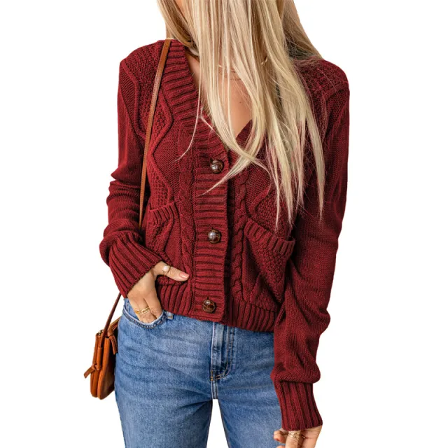 Summer Solid Color Knitted Cardigan Pocket Button Texture Long Sleeve Red - Shop at LoveMi