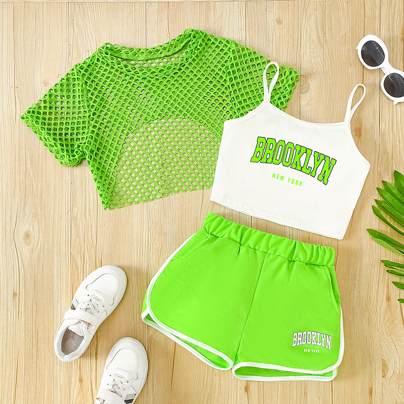 Summer New Mesh Shirt Short-Sleeve Top Pullover Three-Piece Set