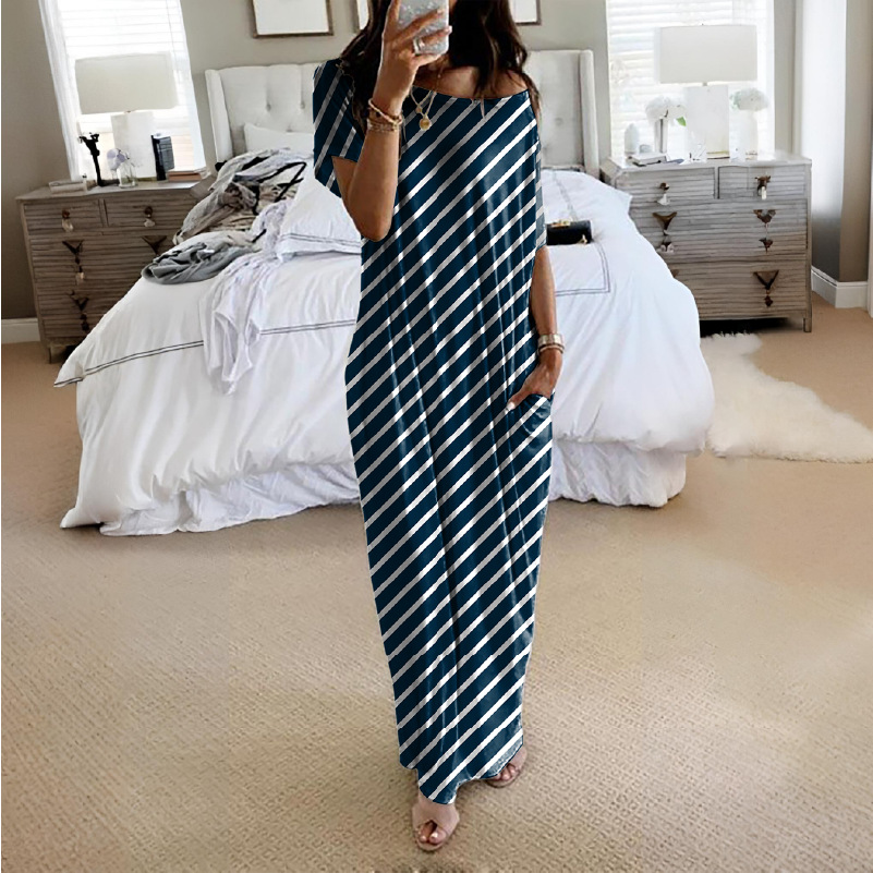 Women's Solid Color Short Sleeve And Long Pattern Casual Dress Deep Blue Stripes - Shop at LoveMi