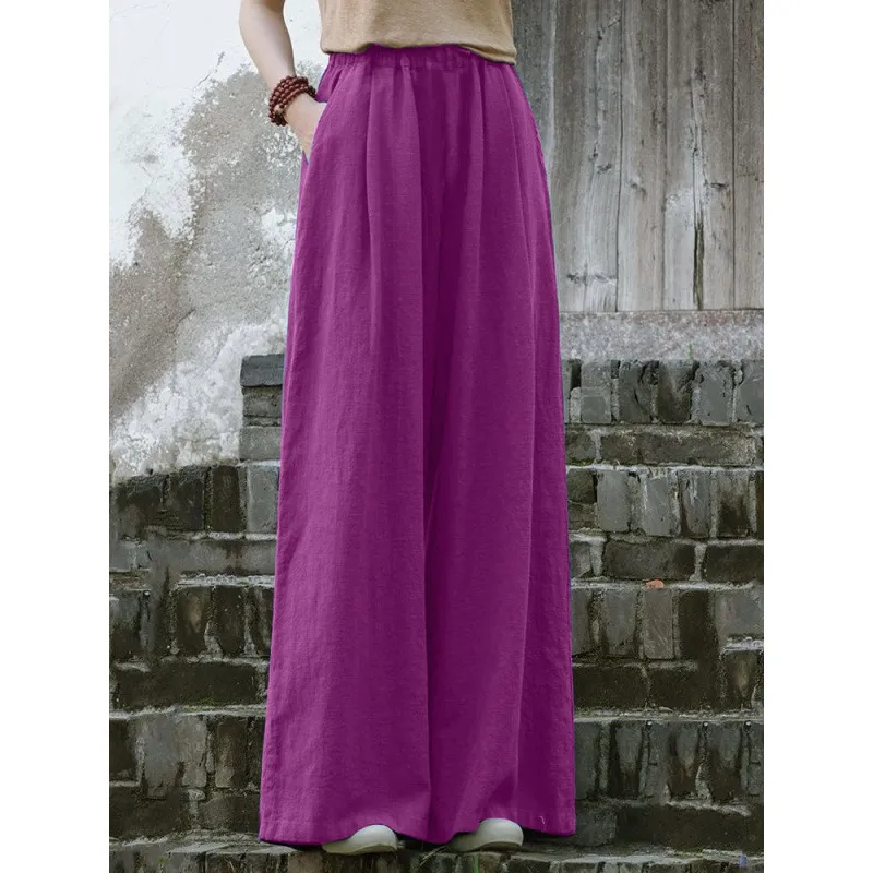 Women's Casual Retro Cotton And Linen Wide-leg Trousers - Purple
