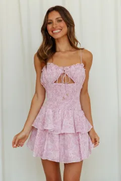 Chiffon Floral Print Lace-up Sexy Hollow Mid-waist Sling Dress - Pink - View 1