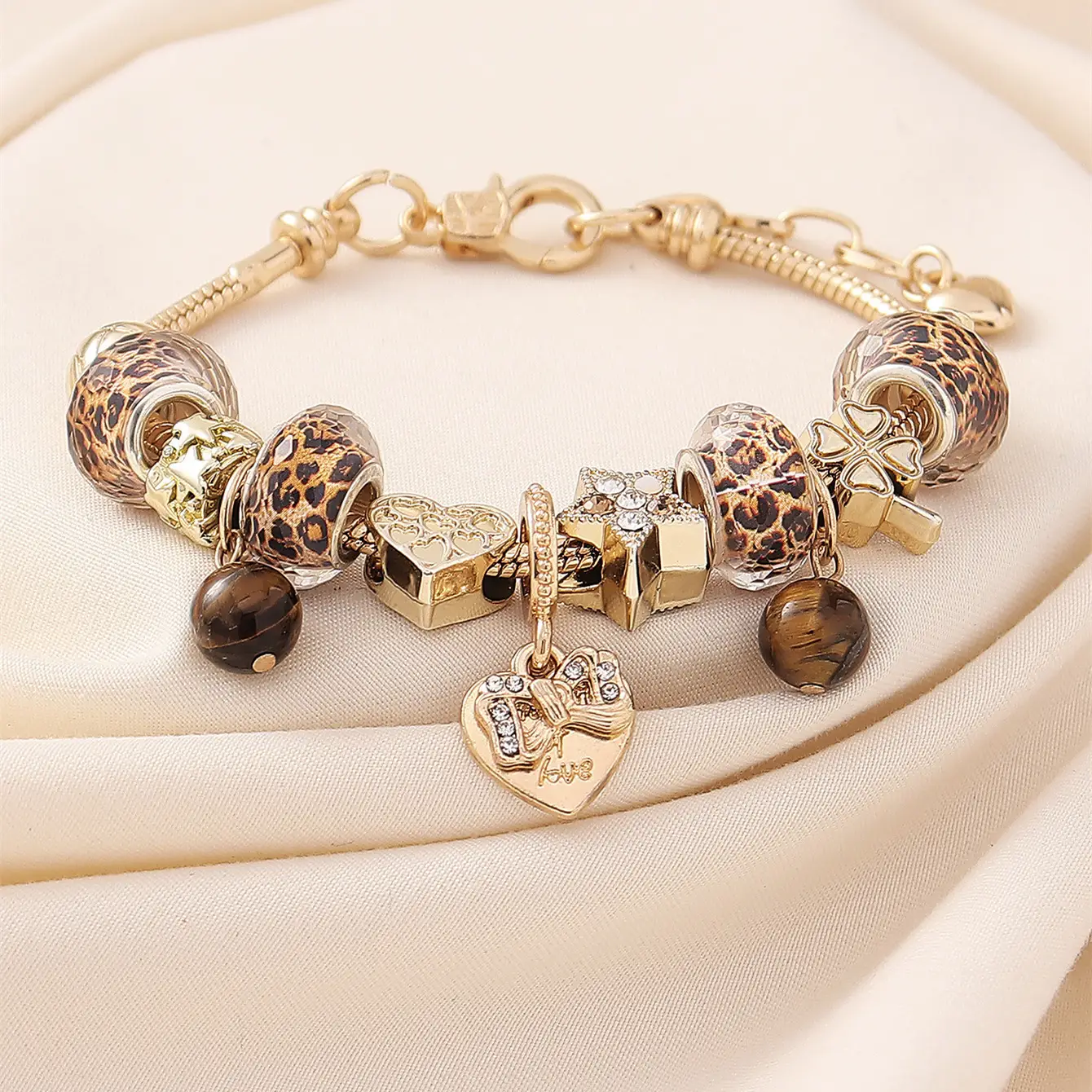Bracelet With Copper-inlaid Rhinestone Leopard-print Beads And Tigers Eye Stone