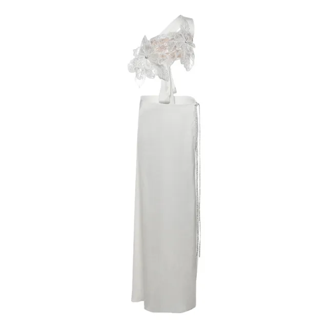 Backless Sequined Lace up Top Split Solid Skirt Suit White - Shop at LoveMi