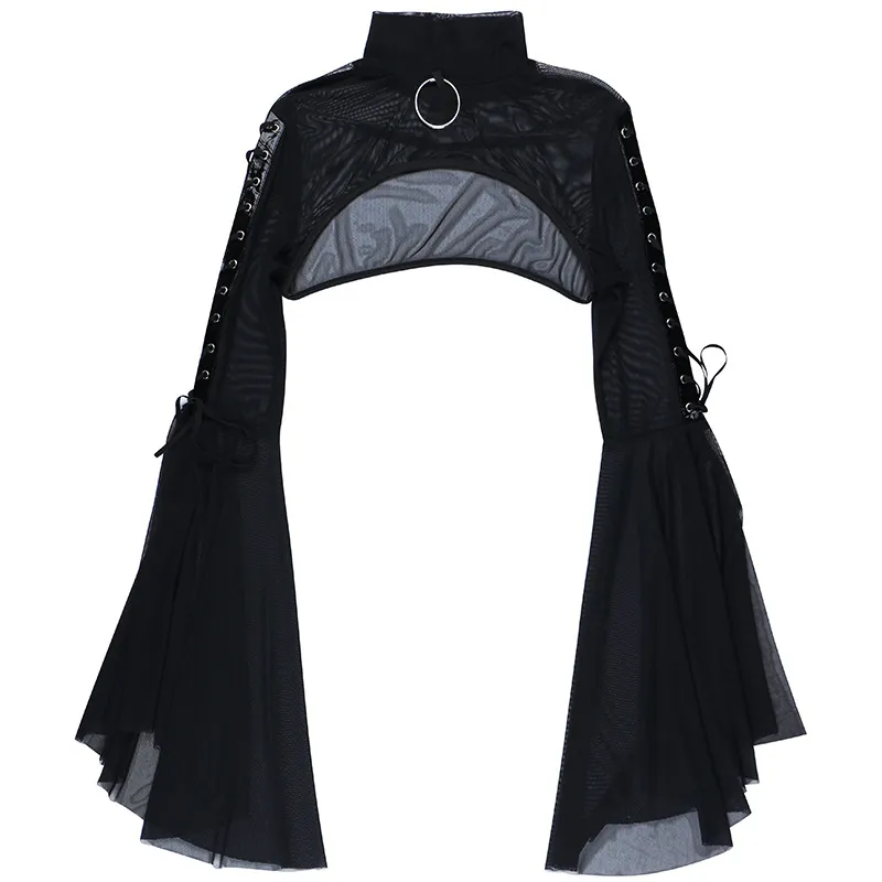 Women's Mesh Flared Sleeves Dark Style Long-sleeved Blouse - Black