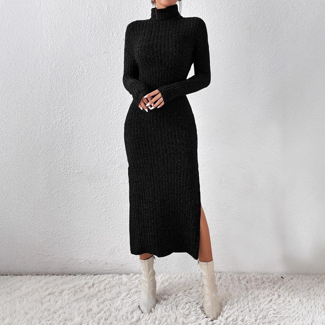 Female Solid Color High Neck Semi high Neck Black Knitted Dress Black - Shop at LoveMi