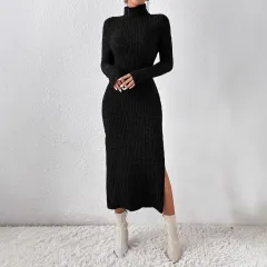 Female Solid Colour High Neck Semi-high Neck Black Knitted Dress - Black - View 1