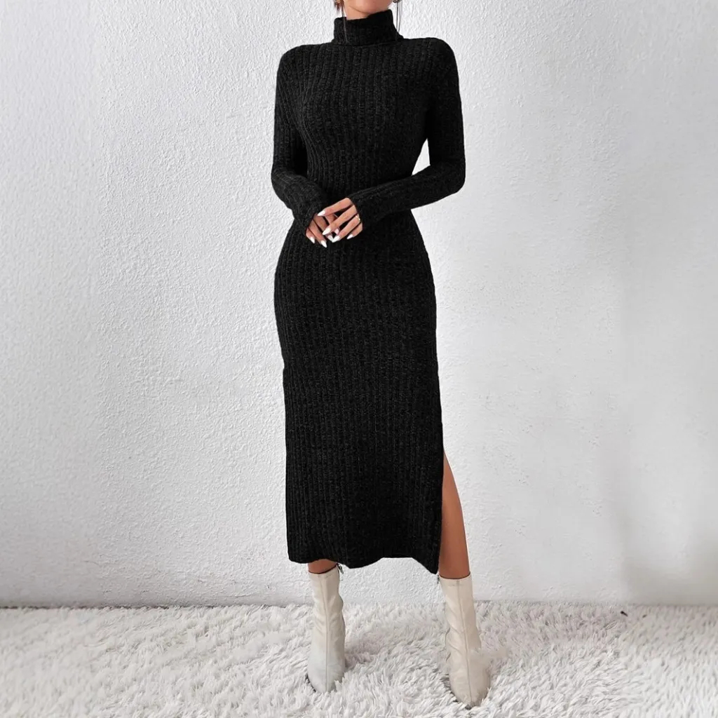 Female Solid Color High Neck Semi-high Neck Black Knitted Dress - Black