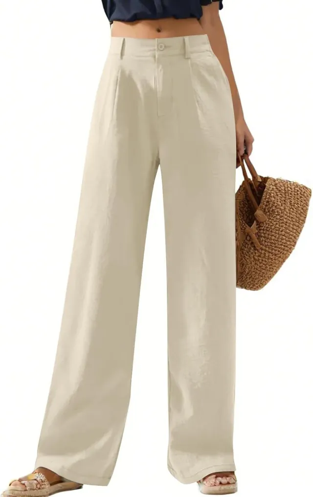 Women's Elastic Waist Wide Leg Casual Trousers Beige - Shop at LoveMi