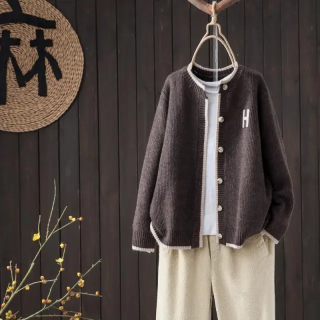 Round Neck Single breasted Knitted Cardigan Women's Loose Coat Brown - Shop at LoveMi