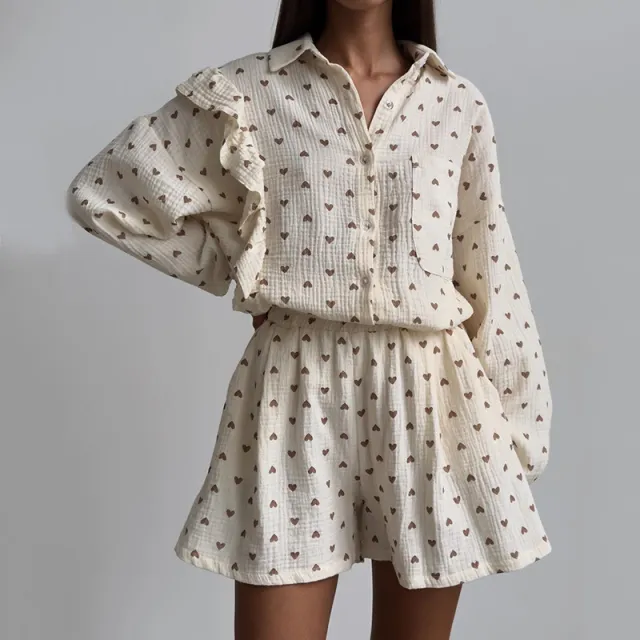 Women's Heart Printing Shorts Leisure Suit Apricot - Shop at LoveMi