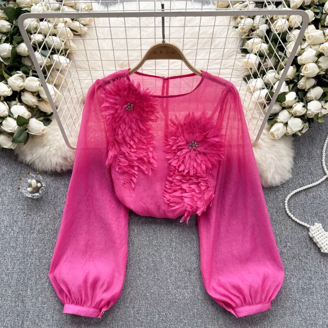 Design Three dimensional Flower Slim fit Puff Sleeve Pullover Shirt Women Rose Red - Shop at LoveMi