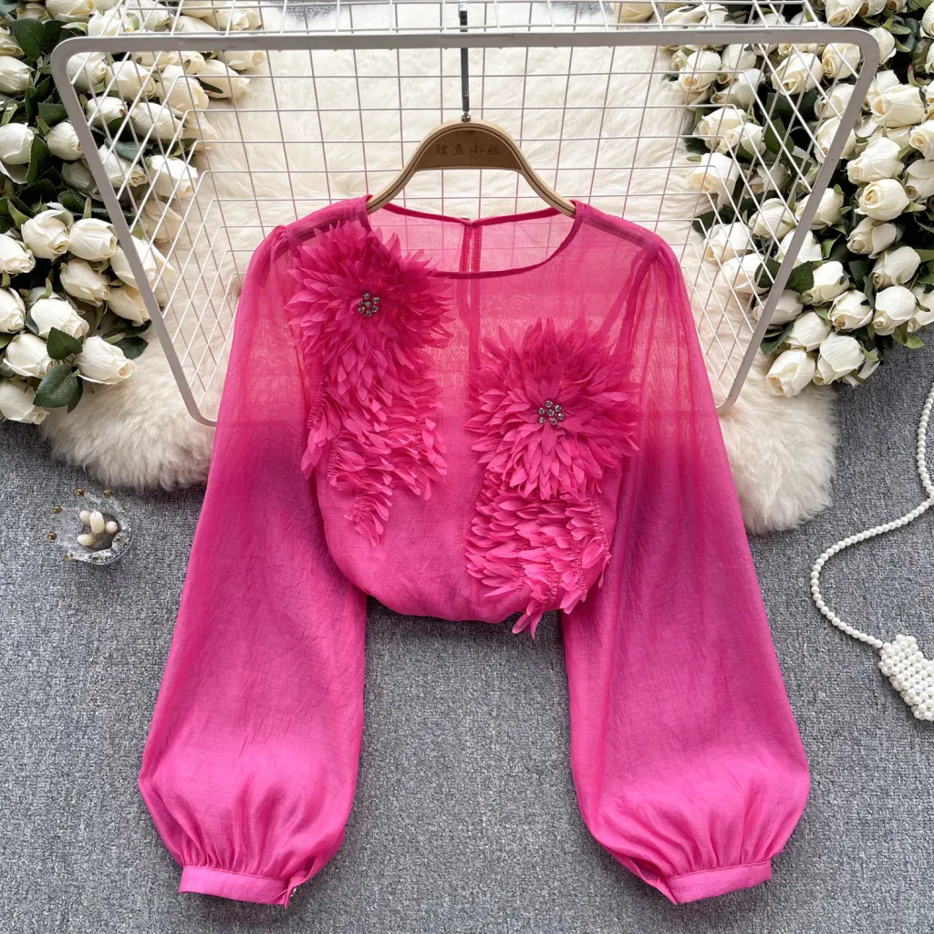 Design Three-dimensional Flower Slim-fit Puff Sleeve Pullover Shirt Women - Rose Red