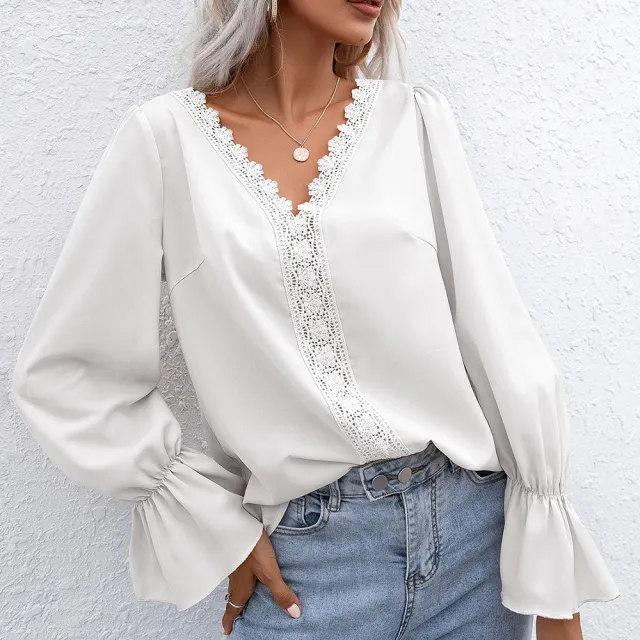 Women's Hollow Lace Long sleeved Shirt White - Shop at LoveMi