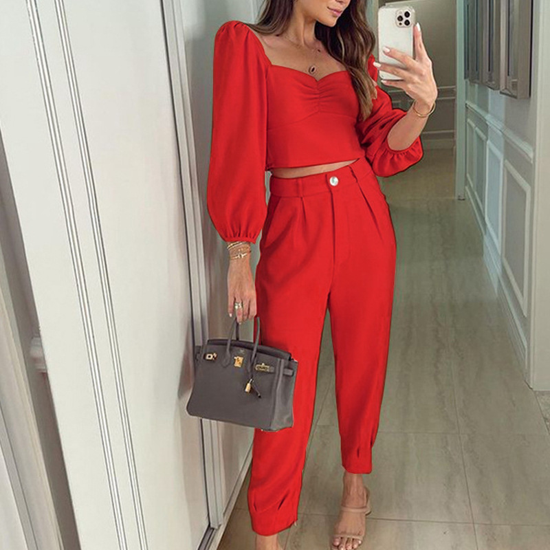 Fashion Matching Suit Temperament Pure Color Square Collar Long Sleeve Top High Waist Ankle tied Trousers Two piece Set Red - Shop at LoveMi