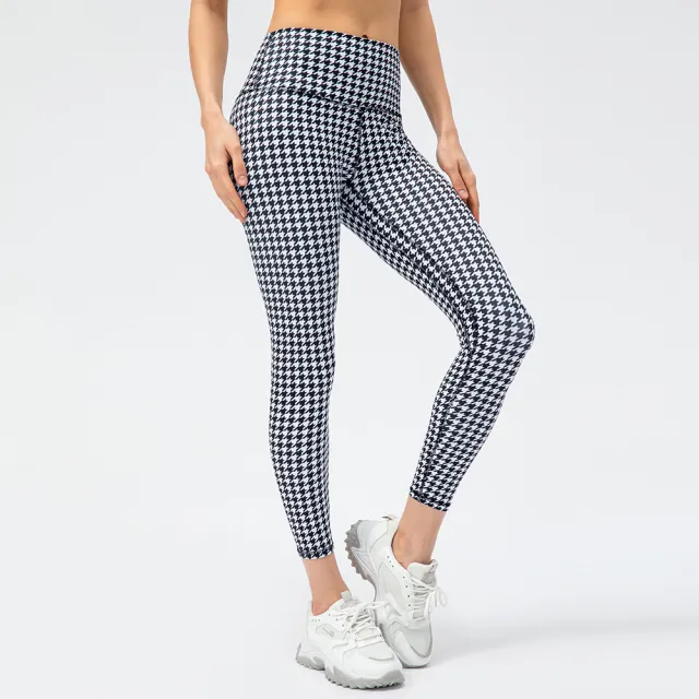 Women's Houndstooth Yoga Trousers Nude Feel High Waist Peach Hip Tight Running Exercise Pants Plaid Elements Houndstooth - Shop at LoveMi