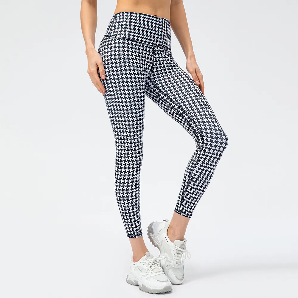 Women's Houndstooth Yoga Trousers Nude Feel High Waist Peach Hip Tight Running Exercise Pants Plaid Elements - Houndstooth