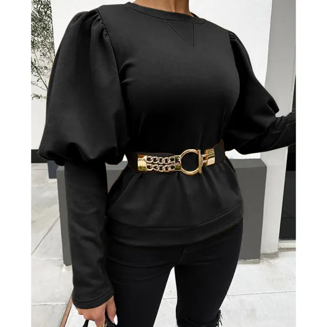 Women's Clothing Round Neck Puff Sleeve Solid Color Top T shirt Black - Shop at LoveMi