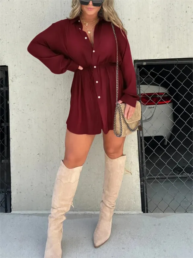Women's Long Sleeve Jumpsuit With Button Fashion Shirt Dress Red - Shop at LoveMi