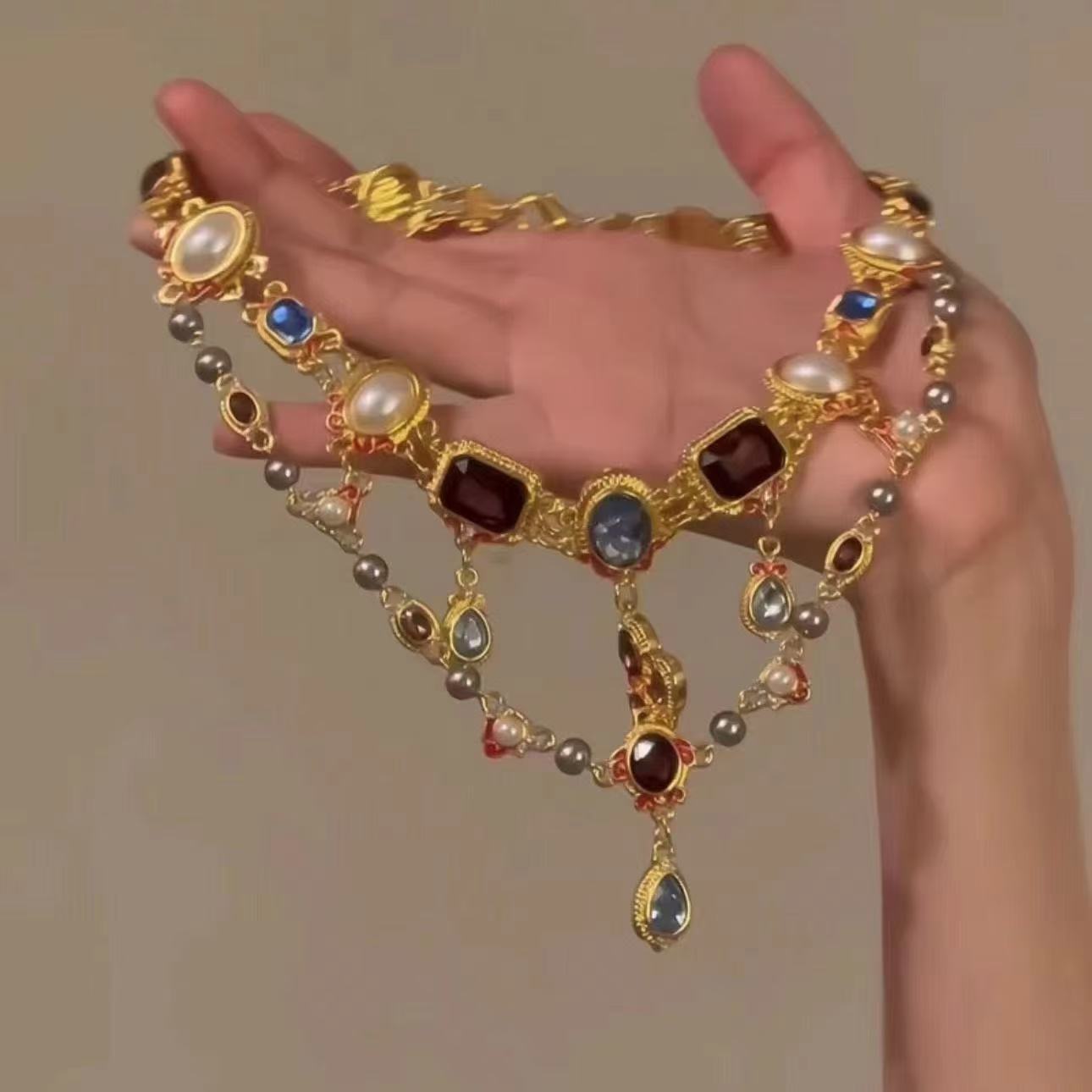 Retro Color Rhinestone Pearl Necklace Female Tassel Double-layer Clavicle Chain