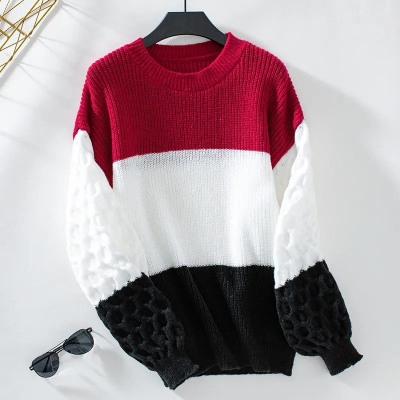 Women's Sweater Round Neck Long Sleeve Casual Contrast Color Pullover - Red