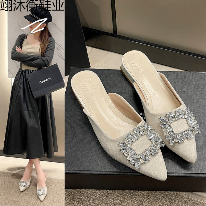 New Pointed-toe Rhinestone Chunky-heel Slip-on Sandals
