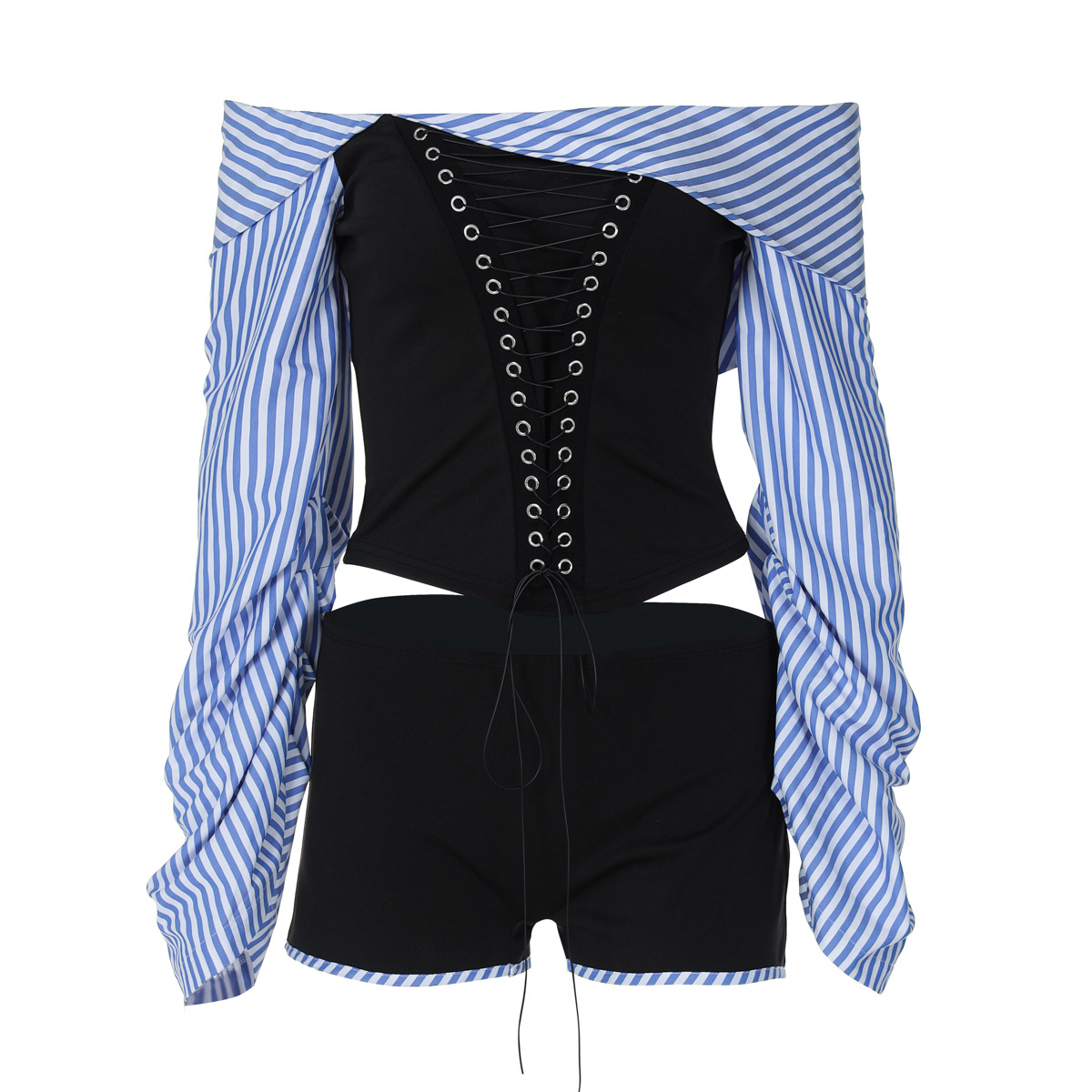 Off-neck Irregular Stitching Lace-up Striped Shirt Shorts Two-piece Set