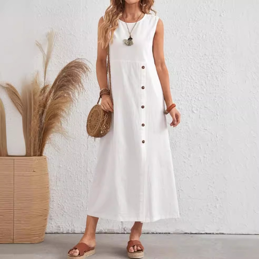 Round Neck Sleeveless Fastener Decoration Long Slit White Cotton Linen Dress