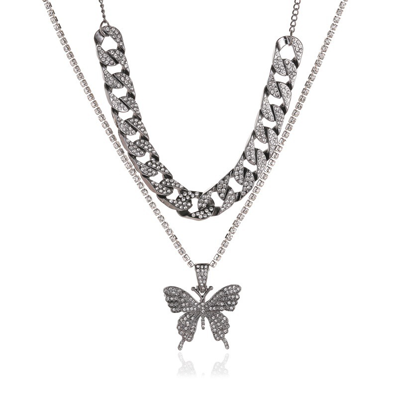 Double Layer Cuban Necklace Full Of Diamonds With Large Butterflies