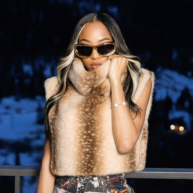 Women's Fashion Fur Turtleneck Sleeveless Vest Top