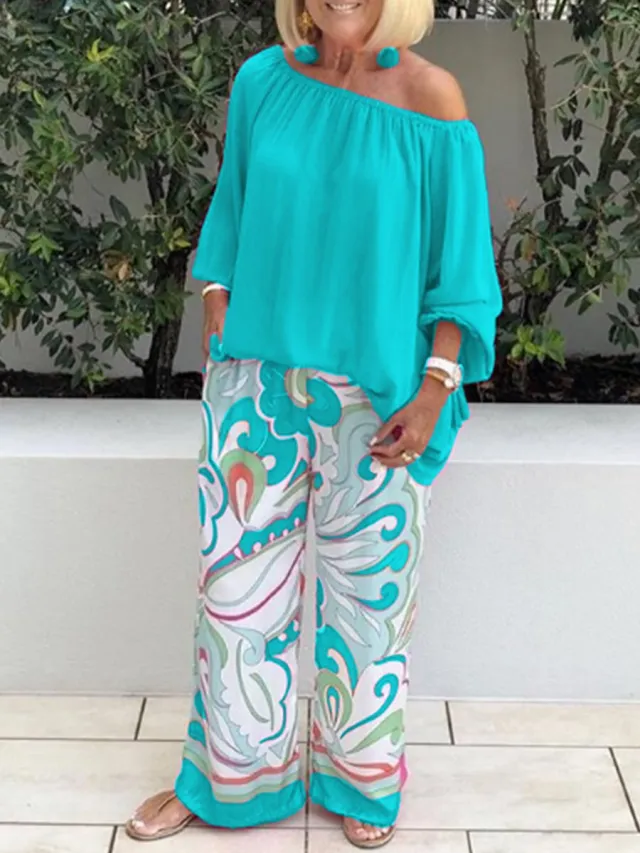 Women's Clothing Printed Pants Off shoulder Top Casual Suit Green - Shop at LoveMi