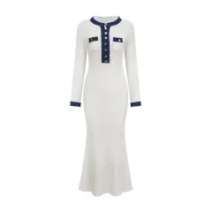 Elegant Knitted Waist-controlled Slim Fit Slimming All-matching Dress - White - View 1