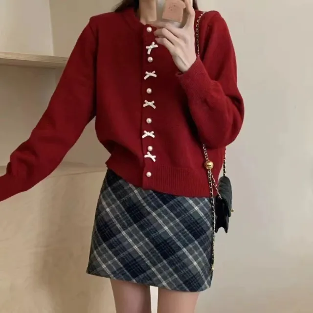 Women's Solid Color Spring And Autumn Bow Pearl Button Sweater Red - Shop at LoveMi