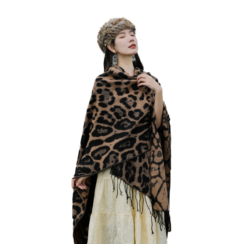New Leopard-Print Tassel Shawl AutumnWinter Travel Faux Cashmere Knitted Scarf