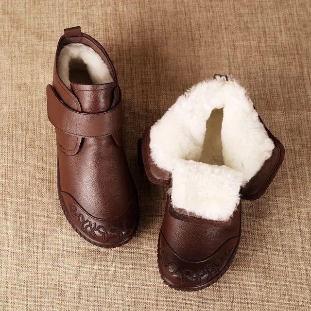 Cotton Shoes Soft Leather Thick Fur Non slip Soft Bottom Mother Female Winter Middle aged Fleece Lined Short Boots Brown - Shop at LoveMi