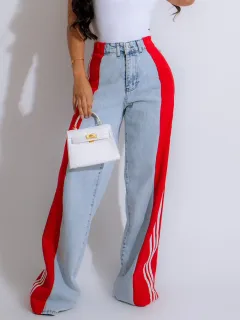Fashion Casual High Waist Elastic Straight Leg Trousers Three Stripe Patchwork Denim Wide Leg Pants Streetwear - Light Blue Red - View 1