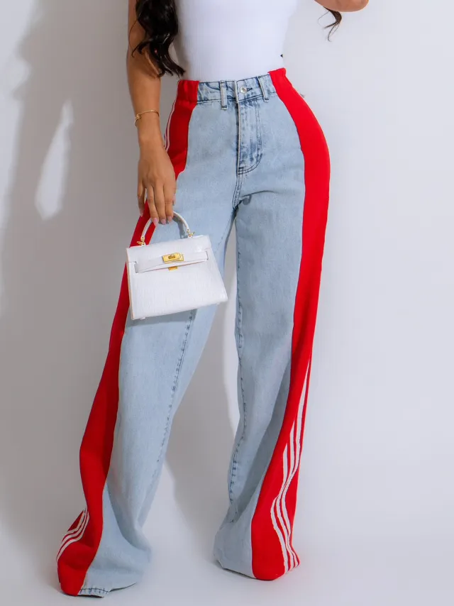 Fashion Casual High Waist Elastic Straight Leg Trousers Three Stripe Patchwork Denim Wide Leg Pants Streetwear Light Blue Red - Shop at LoveMi
