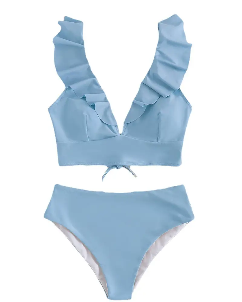 Women's Flounced V-neck Split Swimsuit High Waist Split Bikini