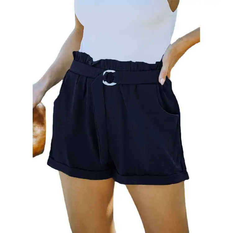 Lace-up Pocket Solid Color High-waist Casual Shorts Women