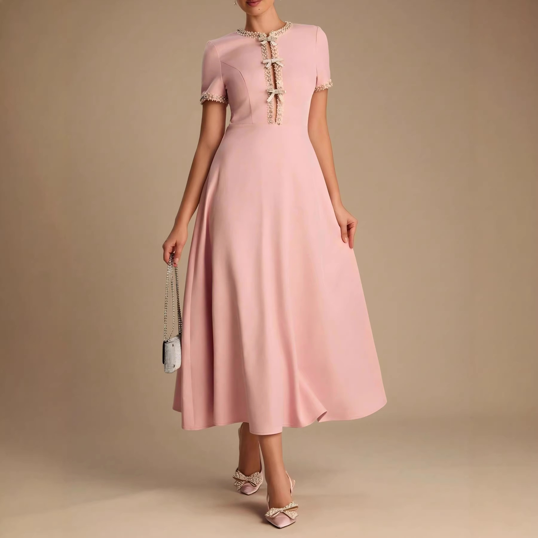 Womens Bow-Knot Short-Sleeve Casual Dress