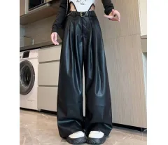 Vintage Brown Pleated PU Leather Pants Women's Clothing - Black - View 1