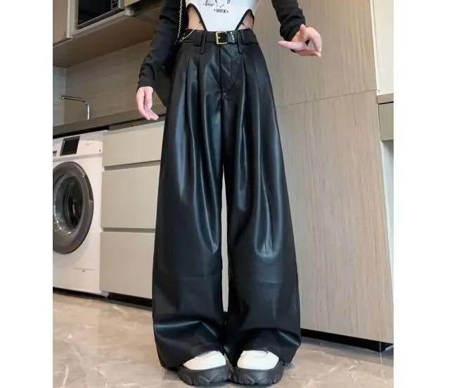 Vintage Brown Pleated PU Leather Pants Women's Clothing Black - Shop at LoveMi