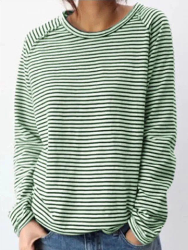Loose Round Neck Raglan Long Sleeve Striped Printed Sweater Green - Shop at LoveMi