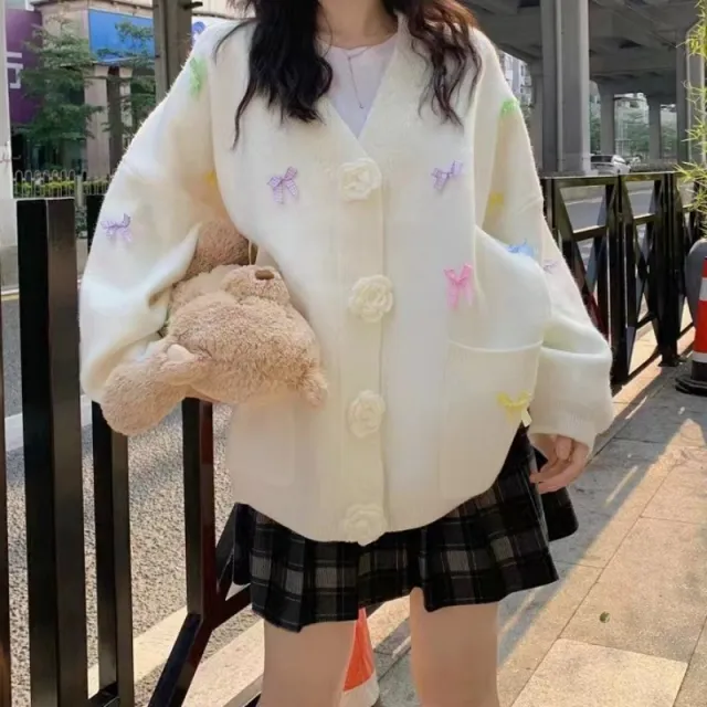 Women's Bow Knitted Cardigan Loose fitting Oversized Sweater White - Shop at LoveMi