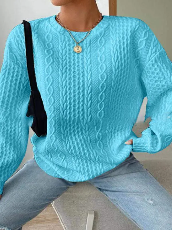 Women's Casual And Comfortable Jacquard Round Neck Sweater Sky Blue - Shop at LoveMi