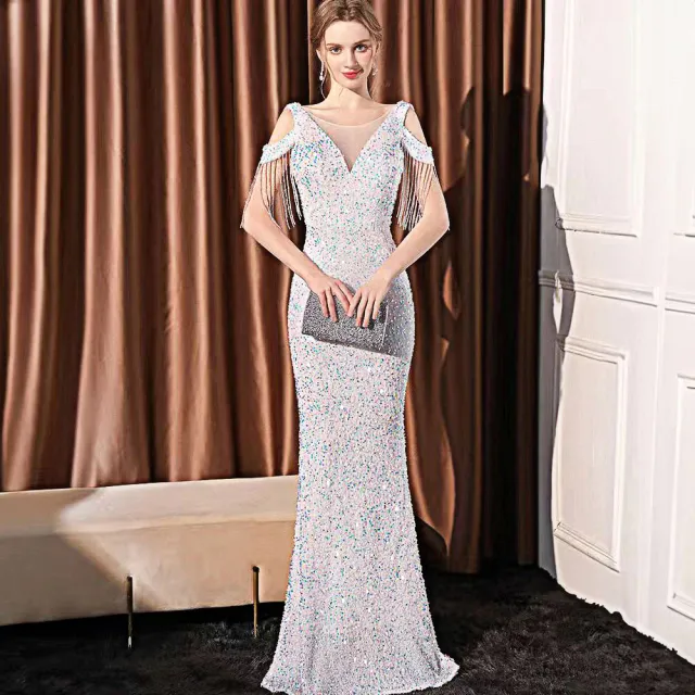 Sequin Long Slim Slimming Fishtail Dress White 18580 - Shop at LoveMi