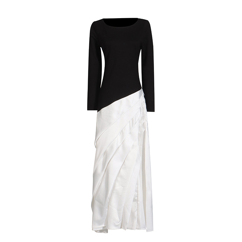 Color Contrast Patchwork Pleated Stretch Slim-fit Long Sleeve Dress