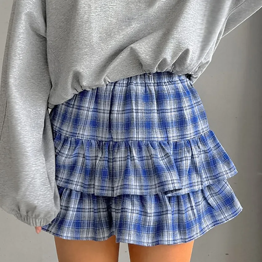 Women's Cotton Blue Plaid Skirt - Blue