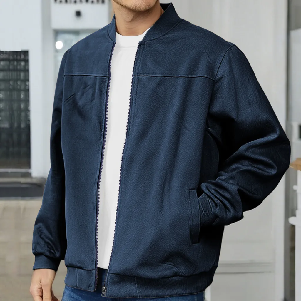 Men's Suede Fabric Jacket Casual Zipper Cardigan Outerwear - Navy