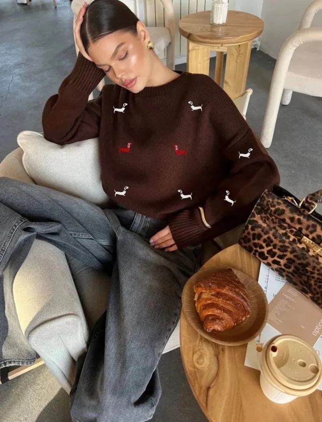 New Autumn And Winter Sweater Round Neck Long Sleeve Dog Print Casual Wyrr0Bu - Shop at LoveMi