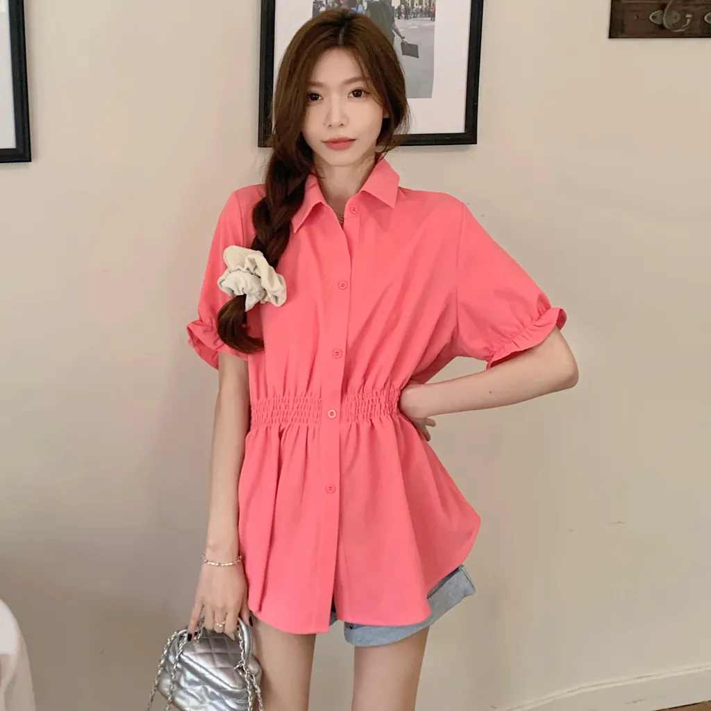 New Korean Style Fashion Waist-controlled Belly Covering Western Style Shirt Women - Red